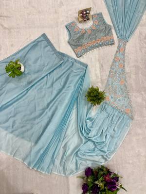 sky blue embroidered,thread & semi beads work work rangoli silk ready made saree 5