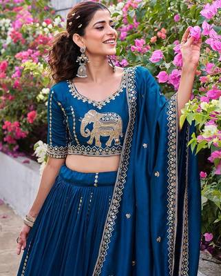 Navy Blue Silk Embroidered Lehenga-free-size 2