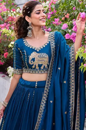 Navy Blue Silk Embroidered Lehenga-free-size