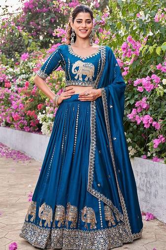 Navy Blue Silk Embroidered Lehenga-free-size