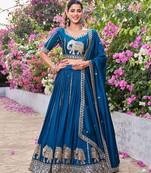 Navy Blue Silk Embroidered Lehenga-free-size