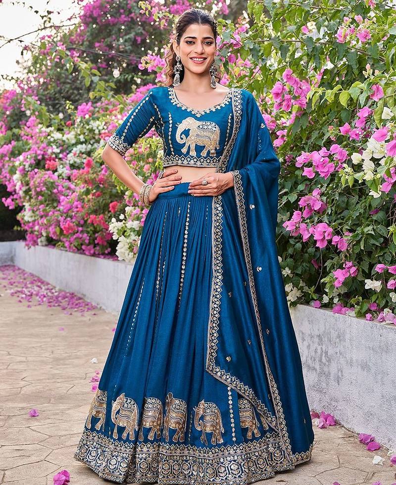 Navy Blue Silk Embroidered Lehenga-free-size