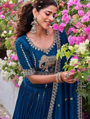 Navy Blue Silk Embroidered Lehenga-free-size 3