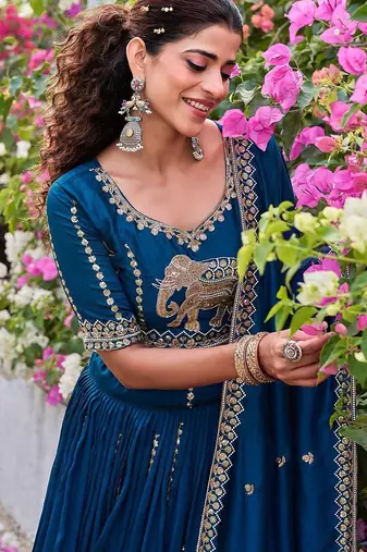 Navy Blue Silk Embroidered Lehenga-free-size
