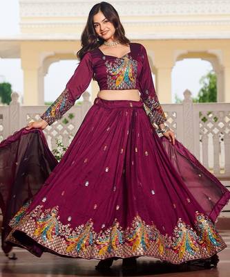 Embroidered Wine Lehenga-free-size-free-size 1