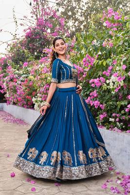 Navy Blue Silk Embroidered Lehenga-free-size 4