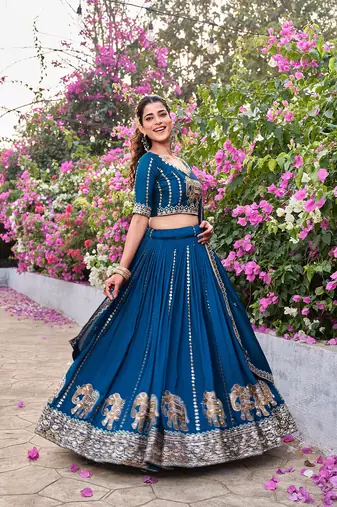 Navy Blue Silk Embroidered Lehenga-free-size
