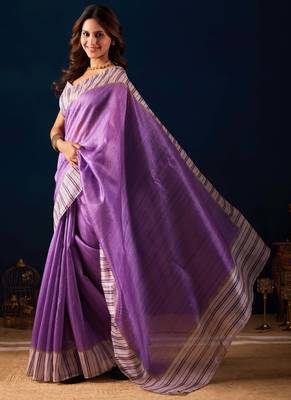 purple solid colour cotton silk semi formal saree with blouse 2