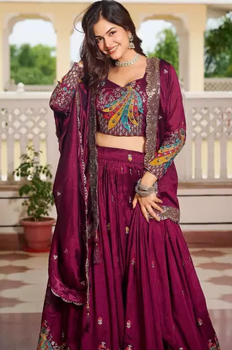 Embroidered Wine Lehenga-free-size-free-size