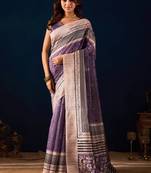 purple floral printed cotton silk ethnic wear saree with blouse