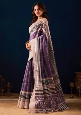 purple floral printed cotton silk ethnic wear saree with blouse 2