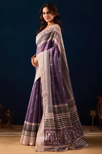 purple floral printed cotton silk ethnic wear saree with blouse