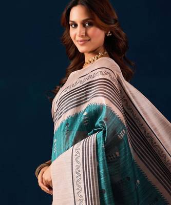 blue floral printed cotton silk ethnic wear saree with blouse 3