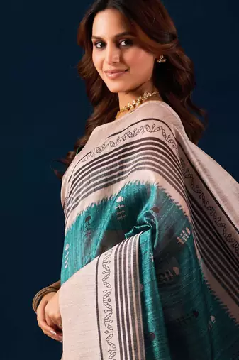 blue floral printed cotton silk ethnic wear saree with blouse