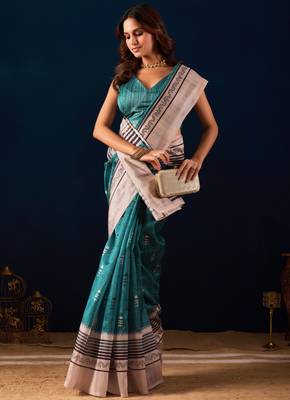blue floral printed cotton silk ethnic wear saree with blouse 4