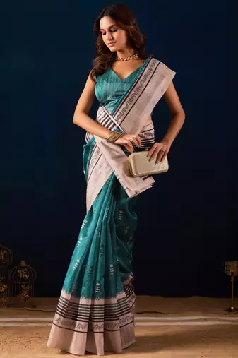 blue floral printed cotton silk ethnic wear saree with blouse