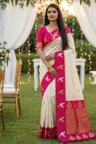 White soft silk blend saree with zari weaving meenakari design