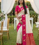 White soft silk blend saree with zari weaving meenakari design