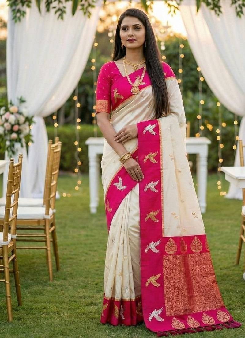 White soft silk blend saree with zari weaving meenakari design