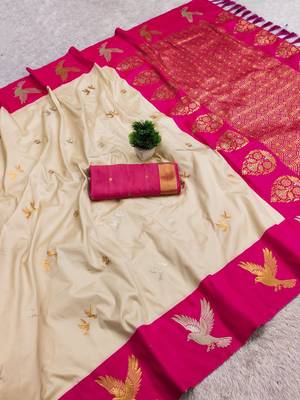 White soft silk blend saree with zari weaving meenakari design 2