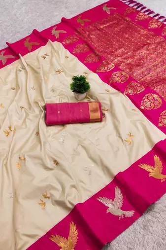 White soft silk blend saree with zari weaving meenakari design