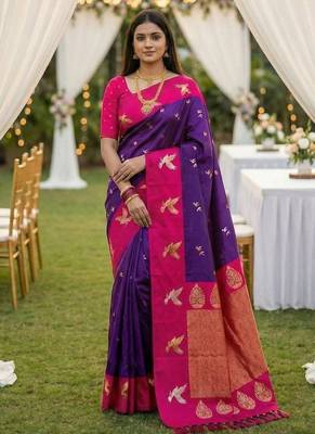 Purple soft silk blend saree with zari weaving meenakari design 1