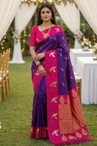 Purple soft silk blend saree with zari weaving meenakari design