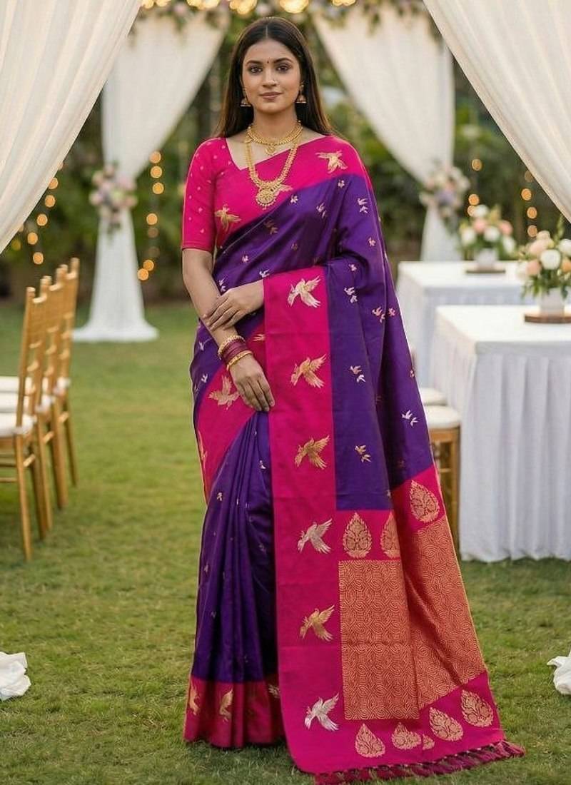 Purple soft silk blend saree with zari weaving meenakari design