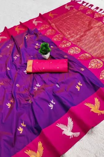 Purple soft silk blend saree with zari weaving meenakari design