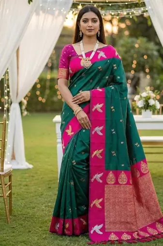 Sea green soft silk blend saree with zari weaving meenakari design
