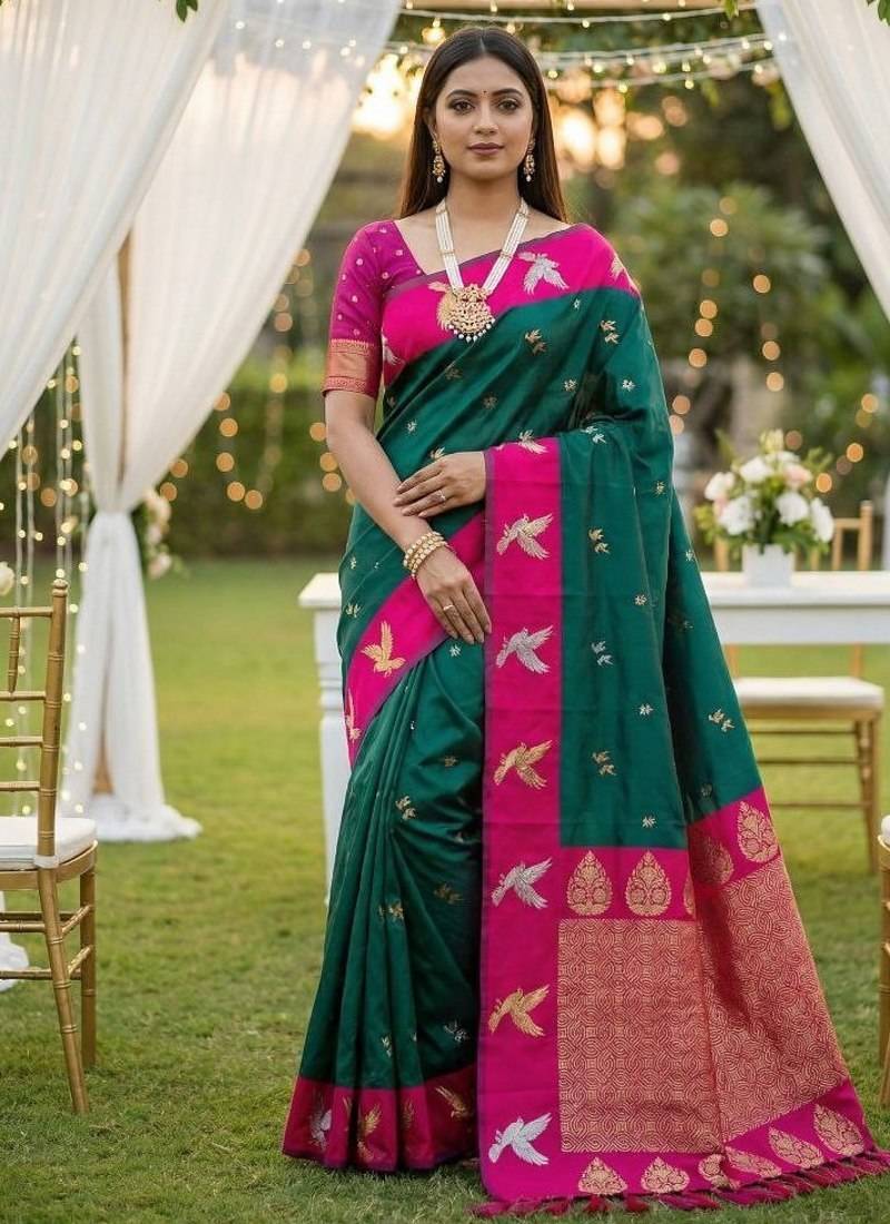 Sea green soft silk blend saree with zari weaving meenakari design