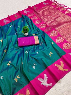 Sea green soft silk blend saree with zari weaving meenakari design 2