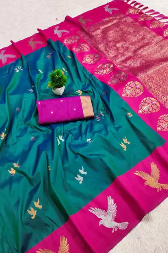 Sea green soft silk blend saree with zari weaving meenakari design