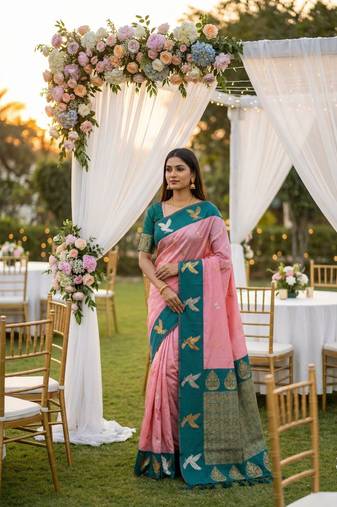 Peach soft silk blend saree with zari weaving meenakari design