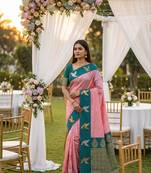 Peach soft silk blend saree with zari weaving meenakari design