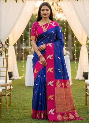 Violet soft silk blend saree with zari weaving meenakari design 1