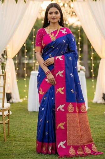 Violet soft silk blend saree with zari weaving meenakari design