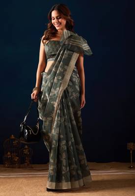 green digital floral print chiffon festive ethnic saree with blouse 4
