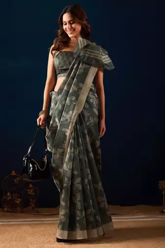 green digital floral print chiffon festive ethnic saree with blouse