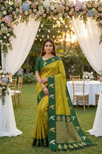 Lemon yellow soft silk blend saree with zari weaving meenakari design