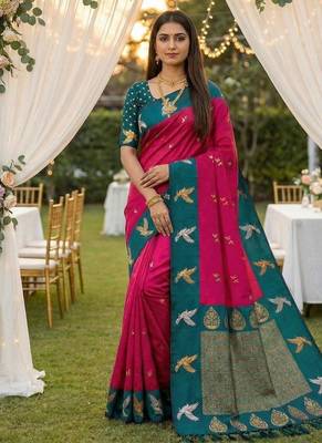 Pink soft silk blend saree with zari weaving meenakari design 1