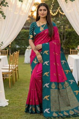 Pink soft silk blend saree with zari weaving meenakari design