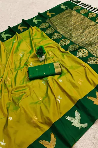 Lemon yellow soft silk blend saree with zari weaving meenakari design