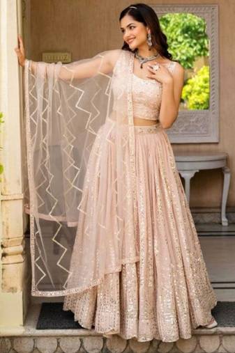 light Peach Net Lehenga