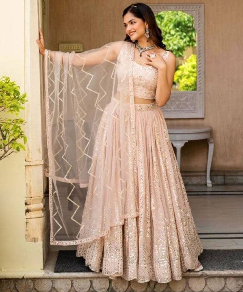 light Peach Net Lehenga