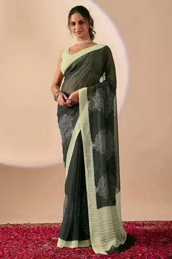 black floral print silk festive ethnic saree with blouse