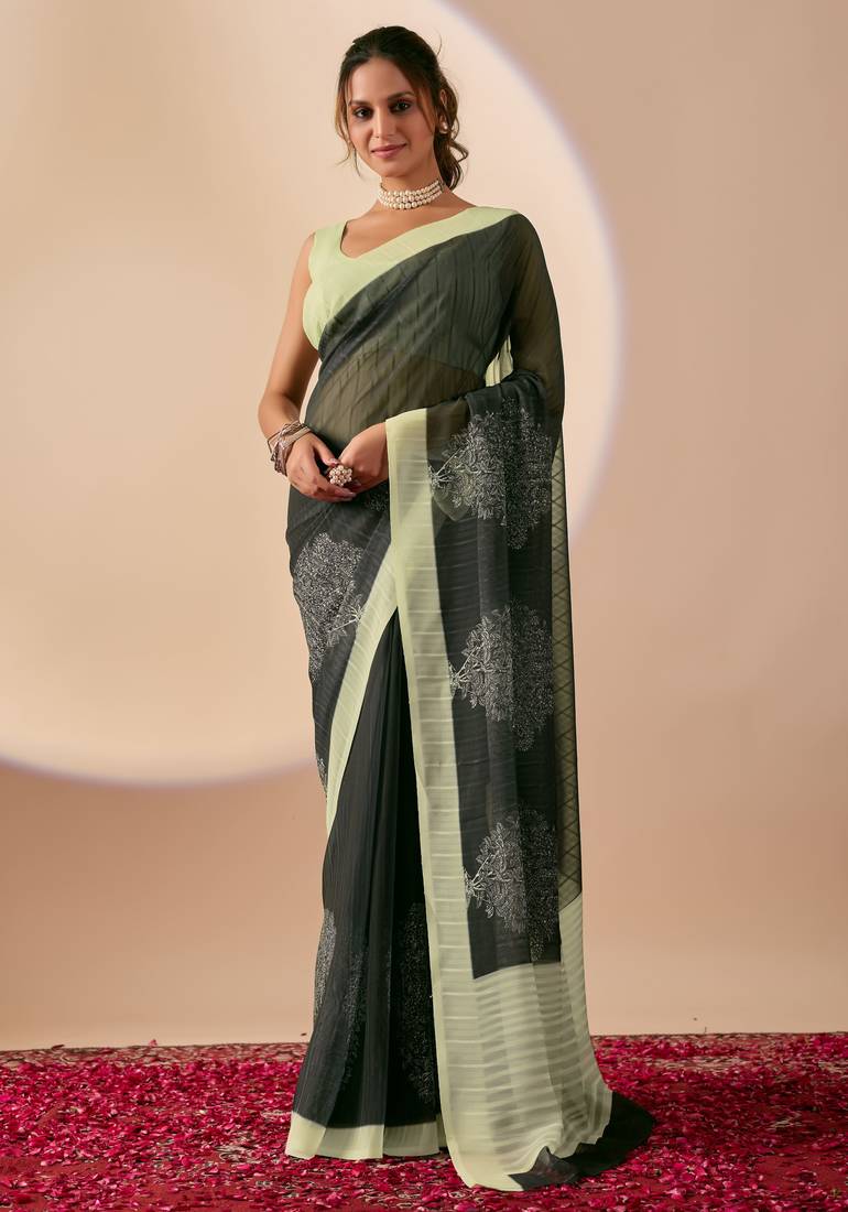 black floral print silk festive ethnic saree with blouse