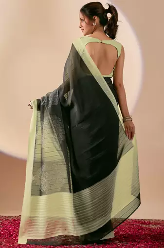black floral print silk festive ethnic saree with blouse