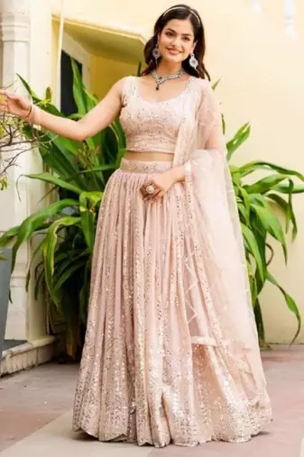light Peach Net Lehenga