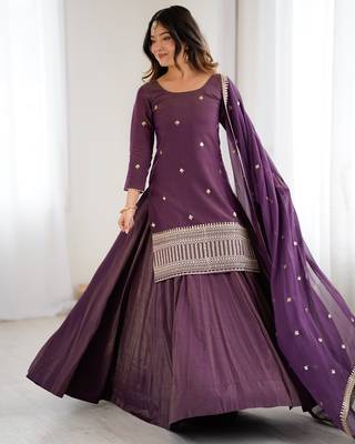 Elegant wine purple ethnic kurta set with heavy border lehenga 1